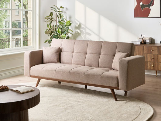 Divano letto marrone chiaro Rivestimento in poliestere Trapuntato 3 posti Gambe in ferro Braccioli tradizionali Stile tradizionale Soggiorno