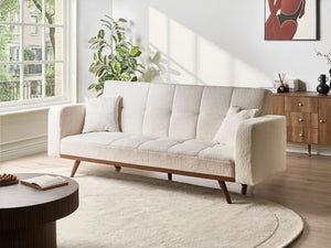 Divano letto bianco sporco rivestito in bouclé trapuntato a 3 posti con gambe in ferro e braccioli tradizionali per soggiorno