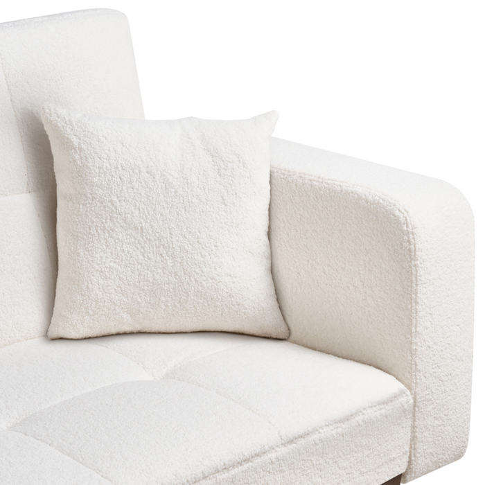 Divano letto bianco sporco rivestito in bouclé trapuntato a 3 posti con gambe in ferro e braccioli tradizionali per soggiorno