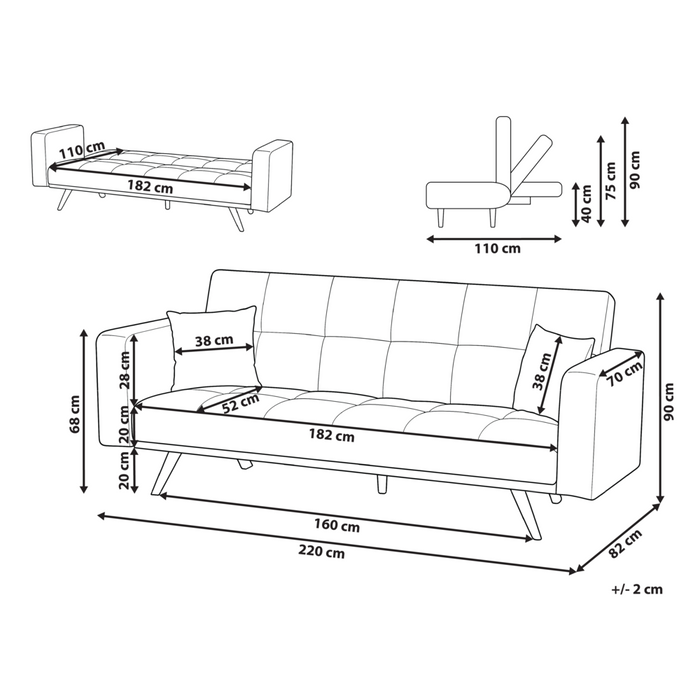 Divano letto bianco sporco rivestito in bouclé trapuntato a 3 posti con gambe in ferro e braccioli tradizionali per soggiorno