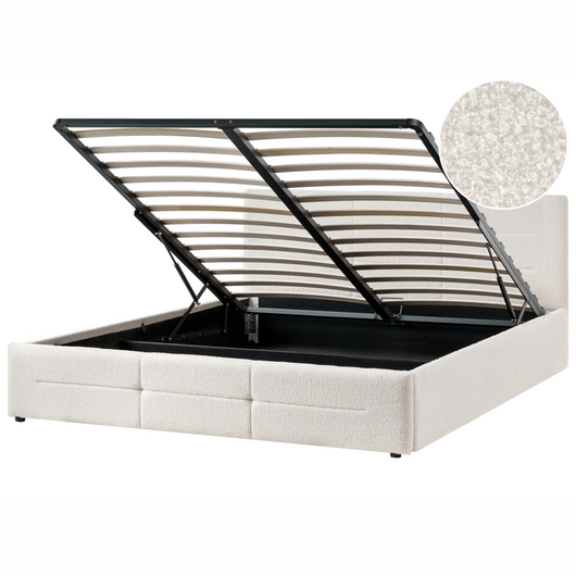 Letto ottomano bianco sporco bouclé 180x200 cm con testiera sollevabile e base a doghe Design moderno