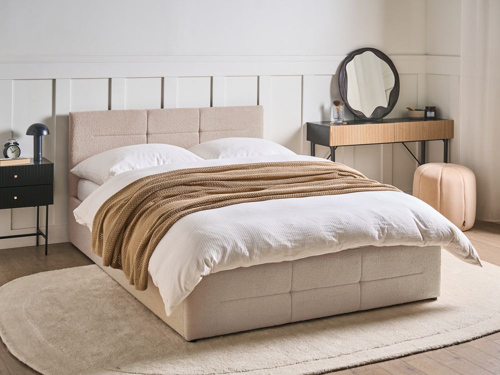 Letto ottomano beige bouclé 140x200 cm con testiera sollevabile e base a doghe Design moderno