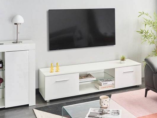 Mobile TV moderno con ante e sistema di gestione dei cavi con LED, gambe in metallo MDF bianco stile moderno