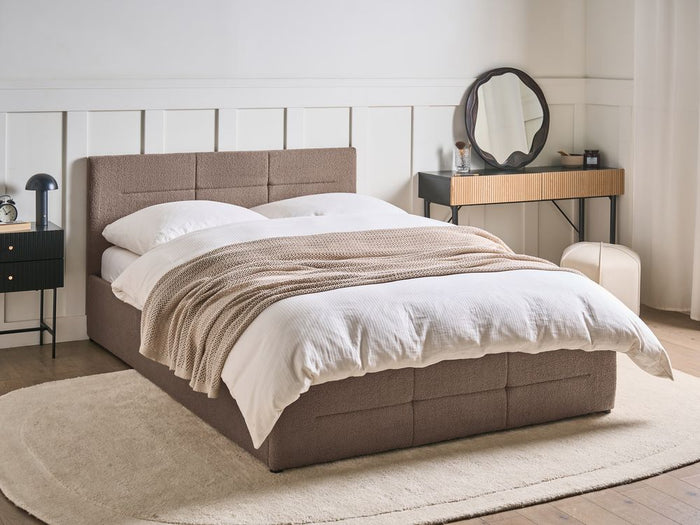 Letto ottomano tortora bouclé 140x200 cm con testiera sollevabile e base a doghe Design moderno