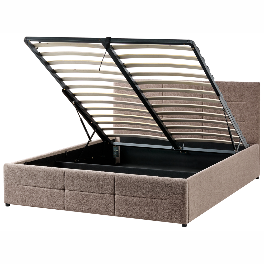 Letto ottomano tortora bouclé 140x200 cm con testiera sollevabile e base a doghe Design moderno