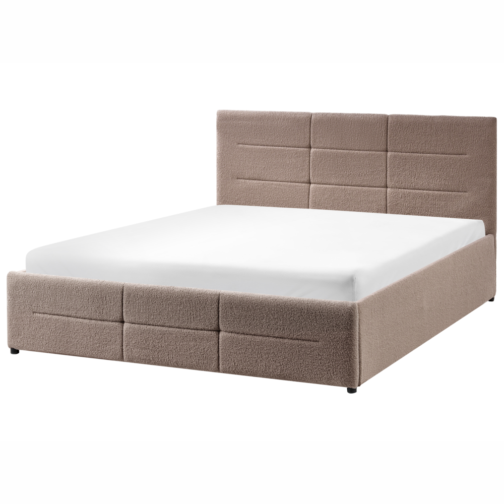Letto ottomano tortora bouclé 140x200 cm con testiera sollevabile e base a doghe Design moderno