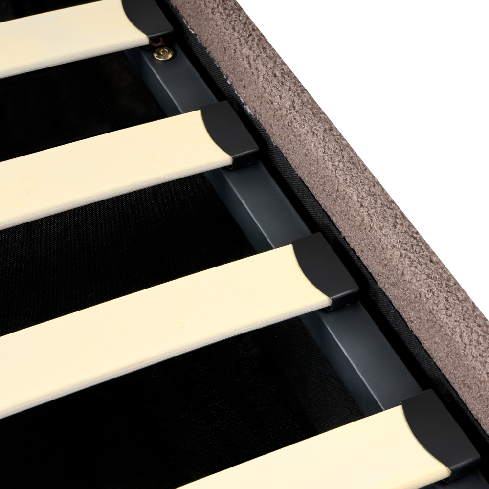 Letto ottomano tortora bouclé 140x200 cm con testiera sollevabile e base a doghe Design moderno