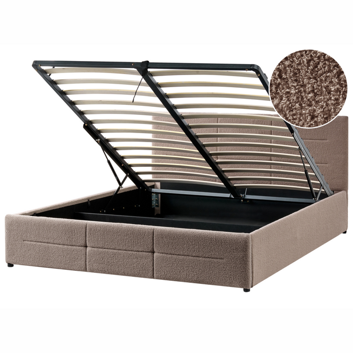 Letto ottomano tortora bouclé 160x200 cm con testiera sollevabile e base a doghe Design moderno