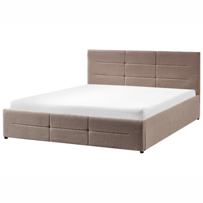 Letto ottomano tortora bouclé 160x200 cm con testiera sollevabile e base a doghe Design moderno