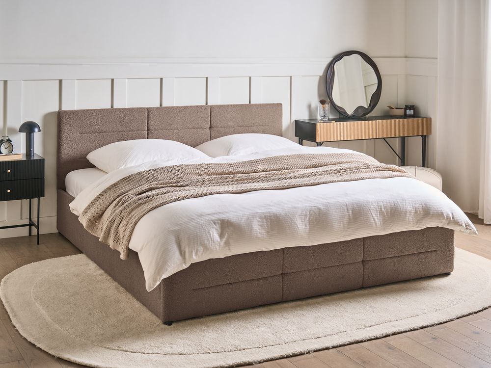 Letto ottomano tortora bouclé 180x200 cm con testiera sollevabile e base a doghe Design moderno