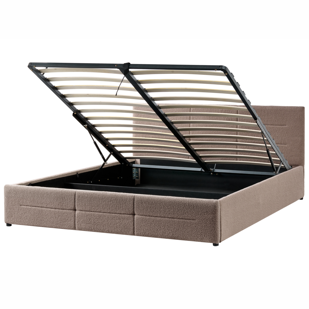 Letto ottomano tortora bouclé 180x200 cm con testiera sollevabile e base a doghe Design moderno