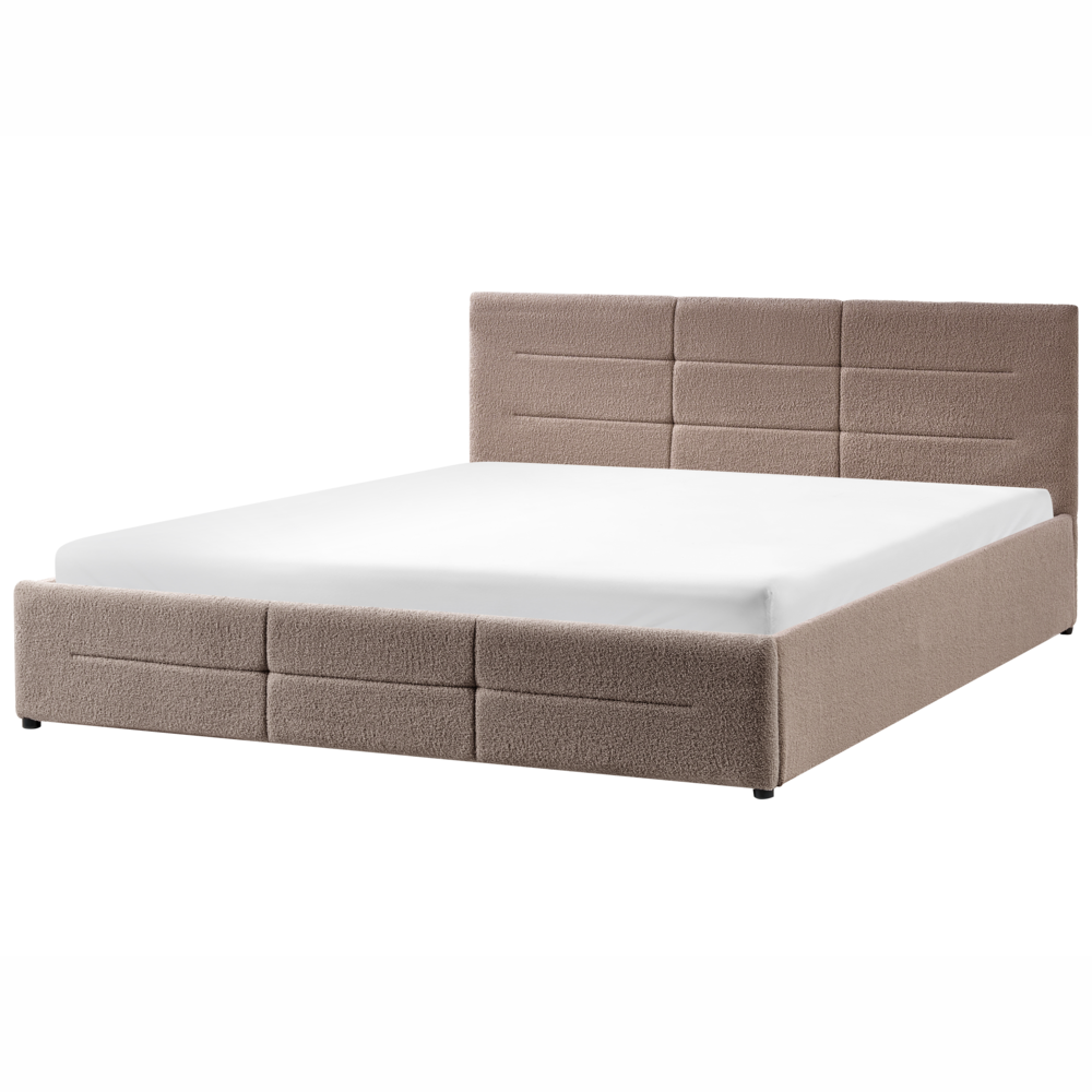 Letto ottomano tortora bouclé 180x200 cm con testiera sollevabile e base a doghe Design moderno