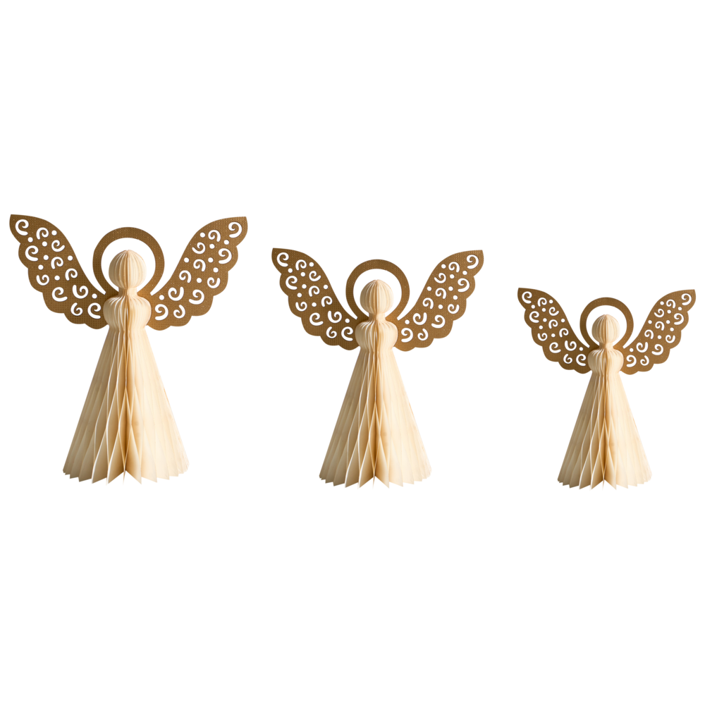 Set di 3 statuine di angeli in carta beige a nido d'ape con effetto 3D in stile origami e motivi festivi