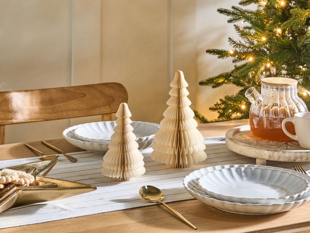 Set di 2 alberi di Natale Figurine Beige Carta a nido d'ape Effetto 3D Stile Origami Motivo festivo