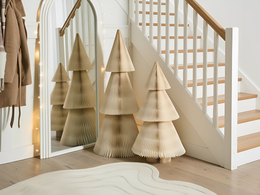 Set di 2 alberi di Natale Figurine Beige Carta a nido d'ape Effetto 3D Stile Origami Motivo festivo