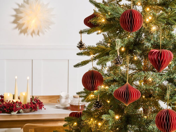 Set di 18 palline di Natale in carta a nido d'ape rossa Ornamenti da appendere Decorazioni 3D per Natale