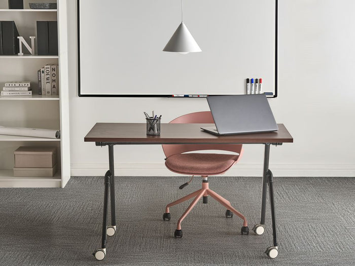 Scrivania da ufficio pieghevole con struttura in metallo marrone scuro e nero, piano in MFC 120 x 60 cm, tavolo pieghevole portatile con rotelle