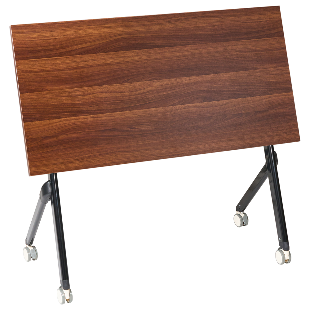 Scrivania da ufficio pieghevole con struttura in metallo marrone scuro e nero, piano in MFC 120 x 60 cm, tavolo pieghevole portatile con rotelle