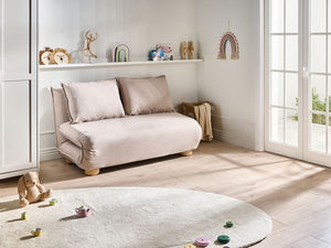 Divano letto a 2 posti Rivestimento in lino sintetico beige Gambe in legno Divano per bambini senza braccioli