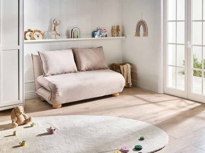 Divano letto a 2 posti Rivestimento in lino sintetico beige Gambe in legno Divano per bambini senza braccioli