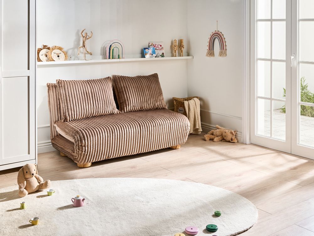 Divano letto a 2 posti Rivestimento in finta pelliccia Gambe in legno Divano per bambini senza braccioli Marrone chiaro