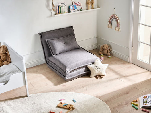 Divano letto grigio scuro Poltrona da pavimento Rivestimento in tessuto Letto singolo pieghevole con cuscino Design moderno Camera dei bambini Soggiorno