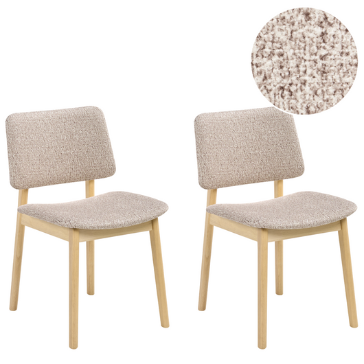 Set di 2 sedie da pranzo marrone chiaro e tortora con struttura in legno di gomma e seduta bouclé, design retrò senza braccioli