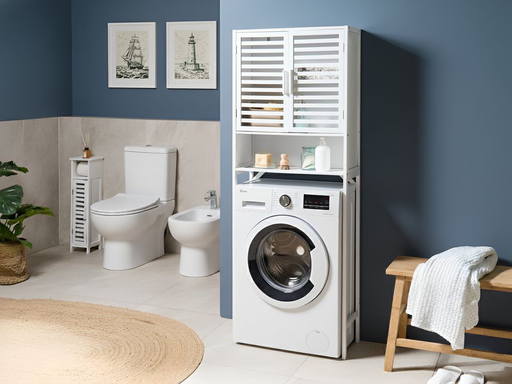 Mobile da bagno in bambù sopra la lavatrice bianco per il bagno Stile minimalista