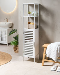 Armadietto da bagno minimalista in bambù con ripiani e porta in bianco stile Minimalista