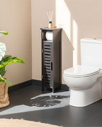 Portarotolo per carta igienica minimalista in bambù con ripiani e sportello nero Minimalista