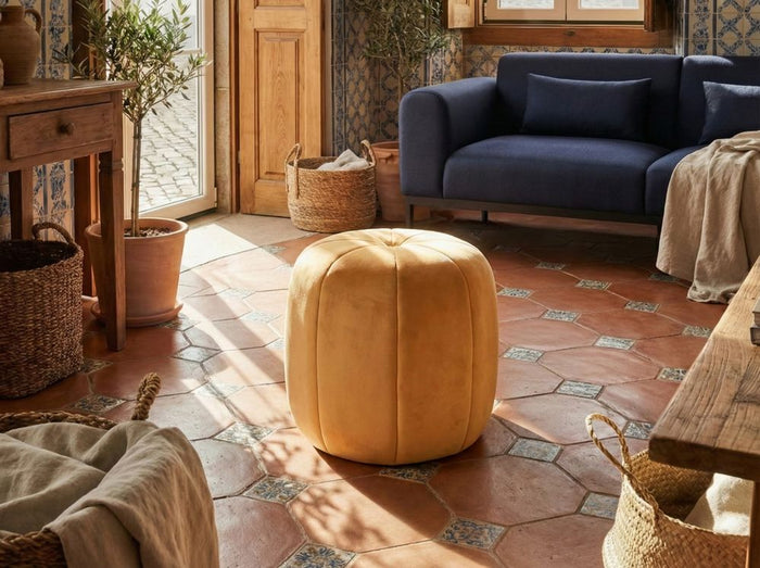 Pouf Mustard Velluto Pouf Poggiapiedi Rotondo Glam