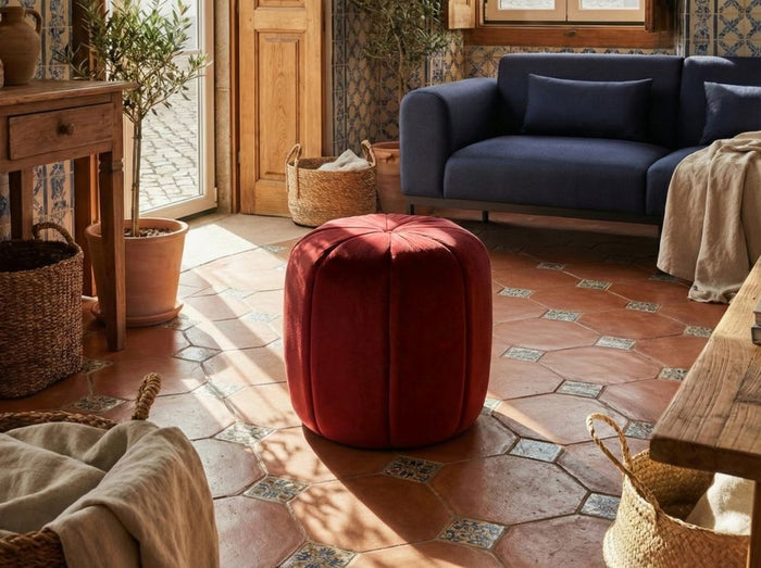 Pouf Rosso scuro Velluto Pouf Poggiapiedi Rotondo Glam