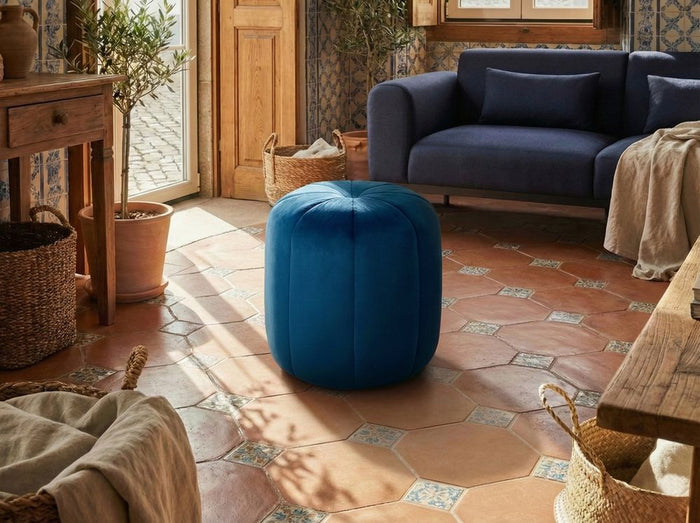 Pouf Blu Velluto Pouf Poggiapiedi Rotondo Glam