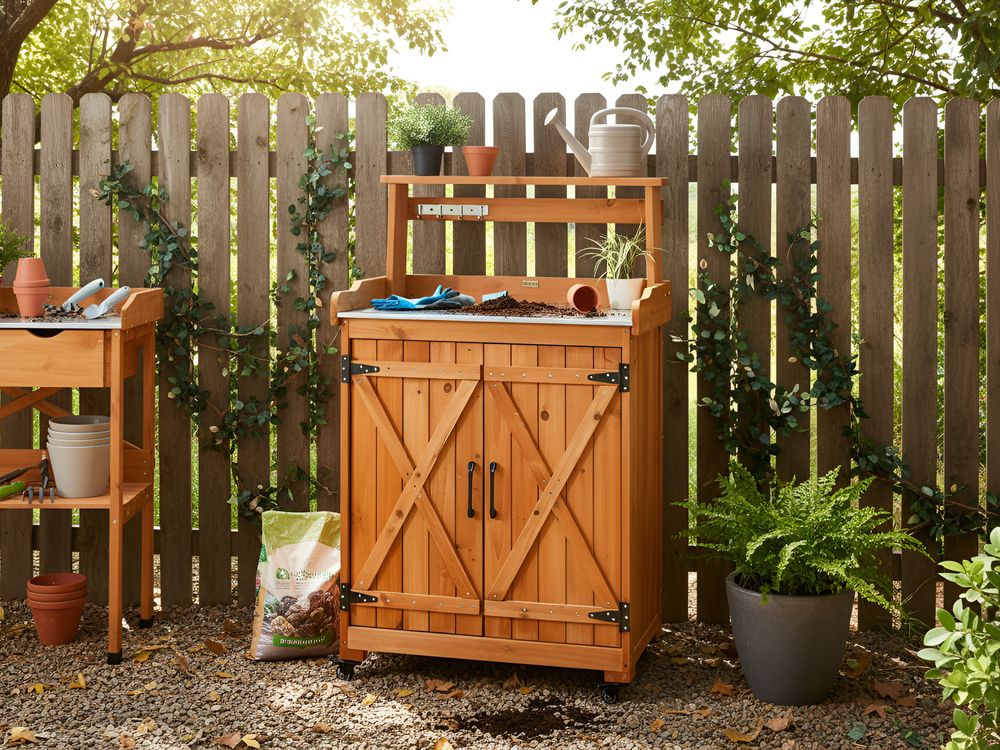 Tavolo da giardinaggio con contenitore in legno di abete marrone chiaro 74 x 40 x 119 cm Piano di lavoro in ferro zincato con ruote