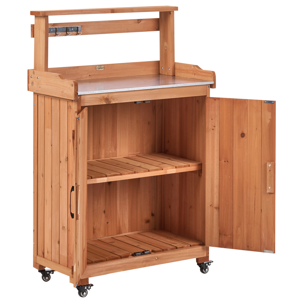 Tavolo da giardinaggio con contenitore in legno di abete marrone chiaro 74 x 40 x 119 cm Piano di lavoro in ferro zincato con ruote