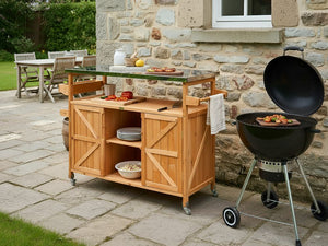 Cucina da esterno a isola in legno di abete marrone 2 ante, ripiani aperti, piano in acciaio 128 x 47 x 85 cm Cucina da giardino con ruote