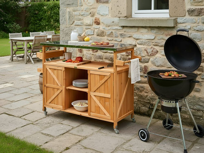 Cucina da esterno a isola in legno di abete marrone 2 ante, ripiani aperti, piano in acciaio 128 x 47 x 85 cm Cucina da giardino con ruote