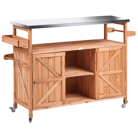 Cucina da esterno a isola in legno di abete marrone 2 ante, ripiani aperti, piano in acciaio 128 x 47 x 85 cm Cucina da giardino con ruote