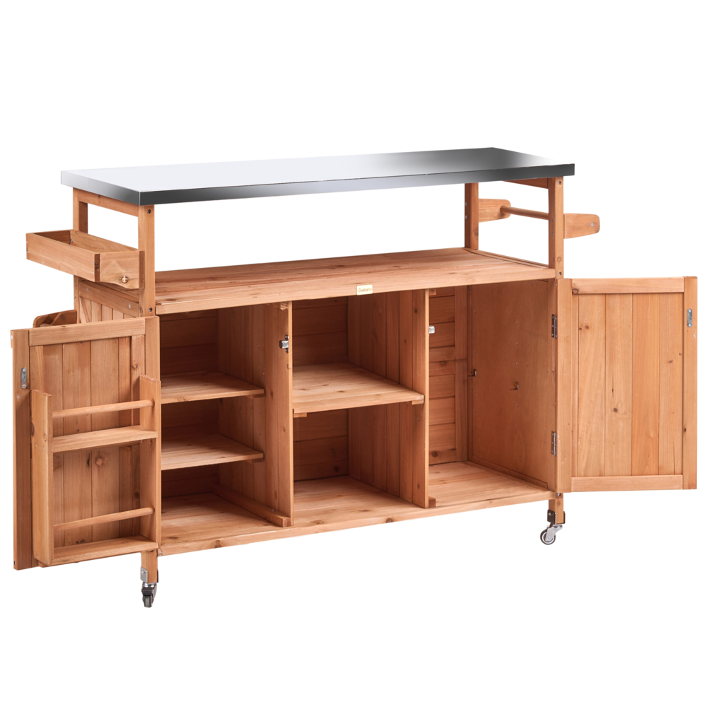 Cucina da esterno a isola in legno di abete marrone 2 ante, ripiani aperti, piano in acciaio 128 x 47 x 85 cm Cucina da giardino con ruote