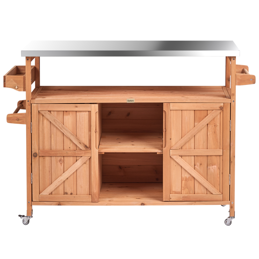 Cucina da esterno a isola in legno di abete marrone 2 ante, ripiani aperti, piano in acciaio 128 x 47 x 85 cm Cucina da giardino con ruote