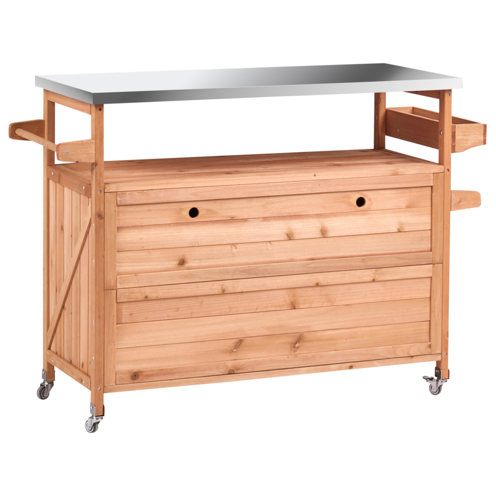 Cucina da esterno a isola in legno di abete marrone 2 ante, ripiani aperti, piano in acciaio 128 x 47 x 85 cm Cucina da giardino con ruote