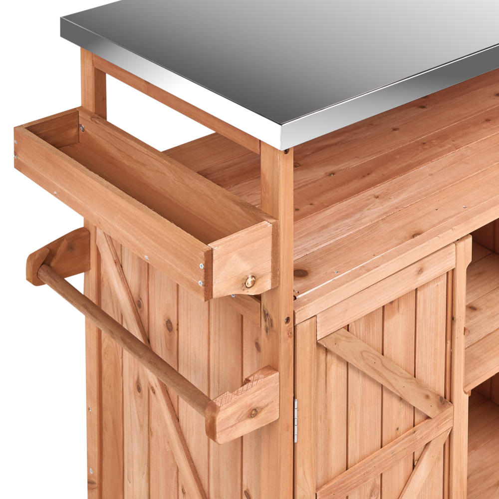 Cucina da esterno a isola in legno di abete marrone 2 ante, ripiani aperti, piano in acciaio 128 x 47 x 85 cm Cucina da giardino con ruote