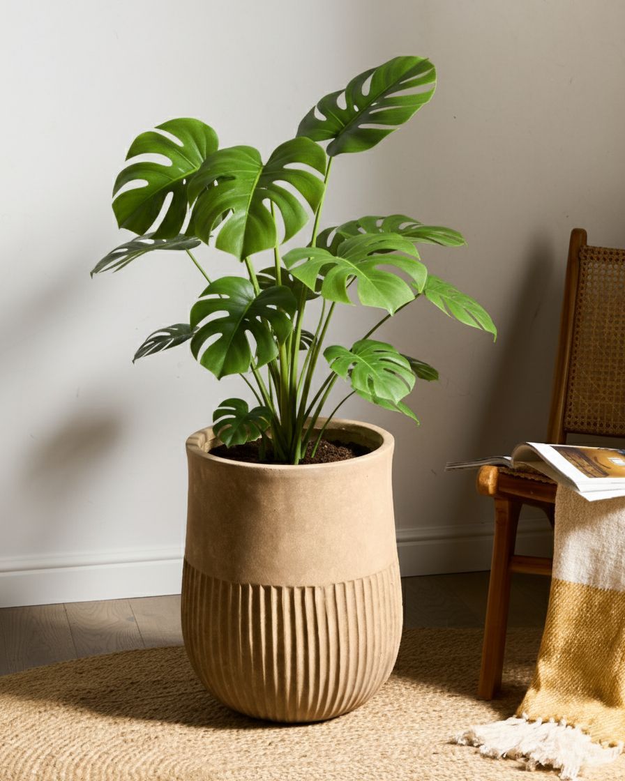 Fioriera beige in fibra di argilla verniciata per interni ed esterni rotonda 36 x 36 x 46 cm alta design moderno soggiorno giardino