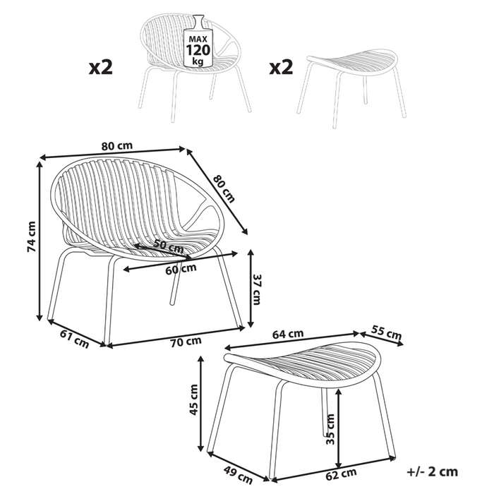 Set di 2 sedie da giardino con poggiapiedi Sedili in plastica verde Gambe in acciaio Resistenti ai raggi UV Stile retrò