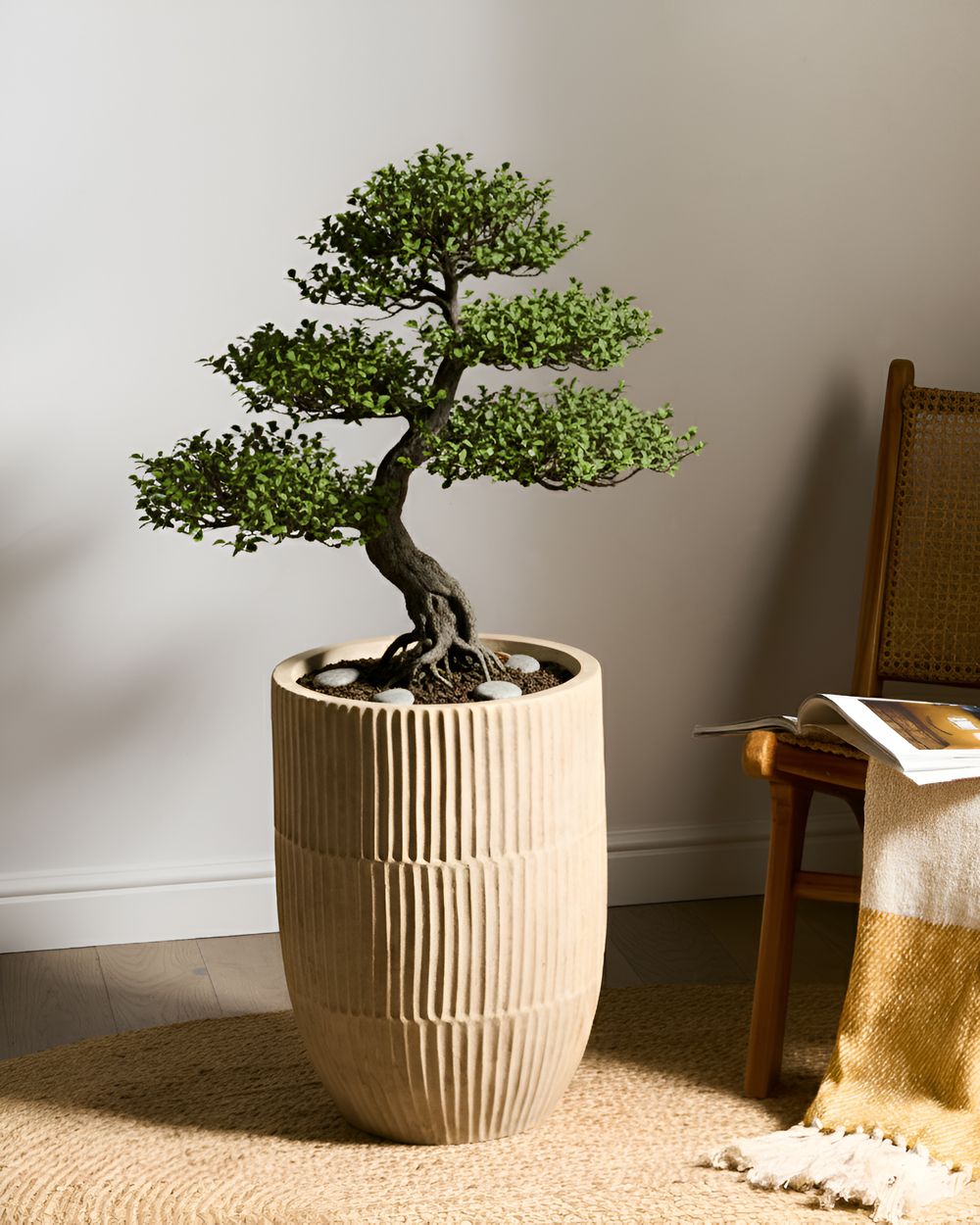 Vaso da fiori beige chiaro in fibra di argilla verniciata per interni ed esterni rotondo 36 x 36 x 50 cm alto design moderno soggiorno giardino