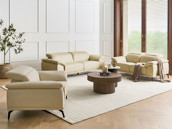 Set soggiorno Divano a 3 posti in ecopelle beige Divanetto Poltrona Push-Back Poggiatesta regolabile manualmente Gambe in metallo Soggiorno moderno