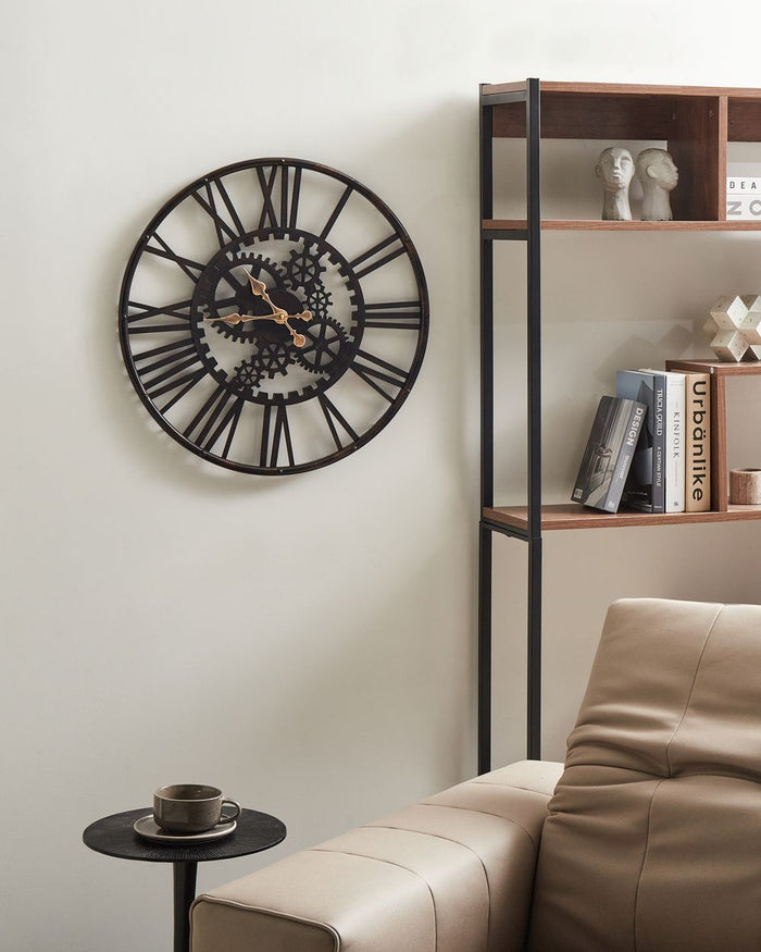 Orologio da parete nero in materiale sintetico con superficie aperta e numeri romani, design moderno, complemento d'arredo per la casa