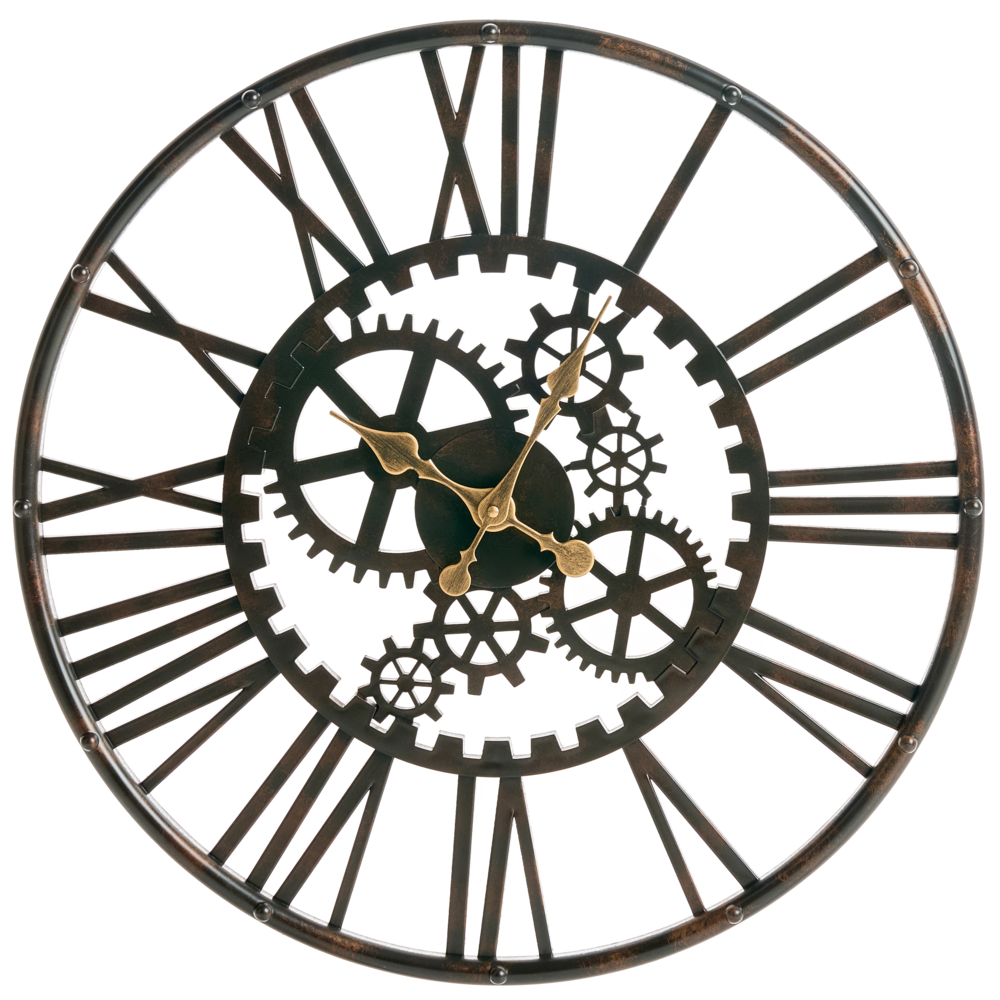 Orologio da parete nero in materiale sintetico con superficie aperta e numeri romani, design moderno, complemento d'arredo per la casa