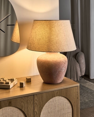 Lampada da tavolo con base in ceramica marrone e paralume in lino stile rustico per soggiorno o camera da letto