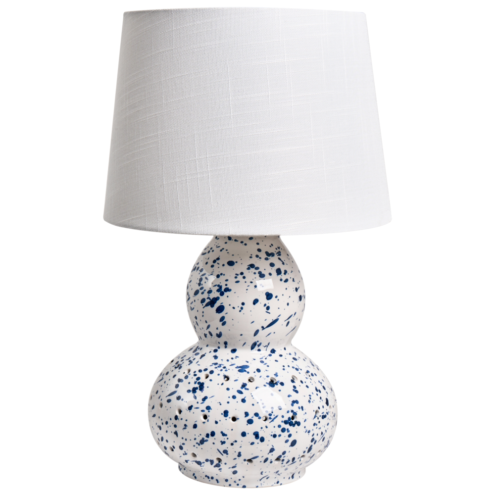 Lampada da tavolo con base in ceramica bianca artistiche macchie blu paralume in lino stile tamburo soggiorno moderno
